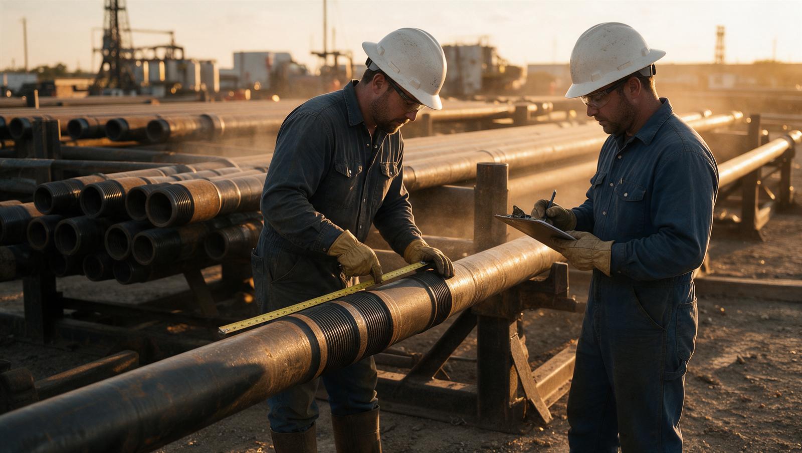 Jenks Energy Services — pipe rack, crew measuring joints