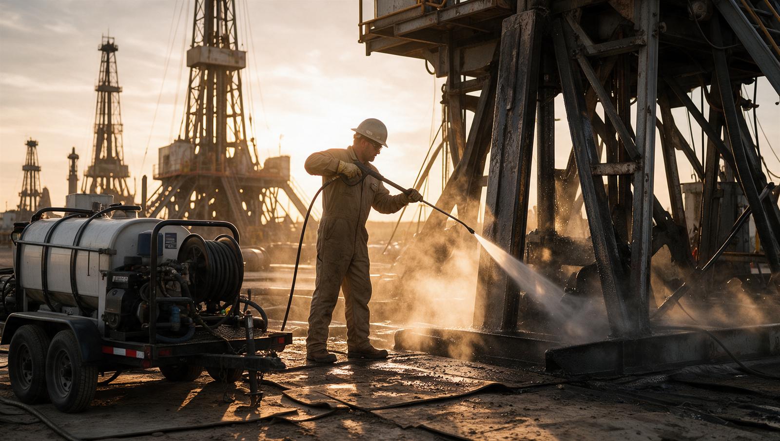 Jenks Energy Services — rig wash in progress, hot water unit and hose run